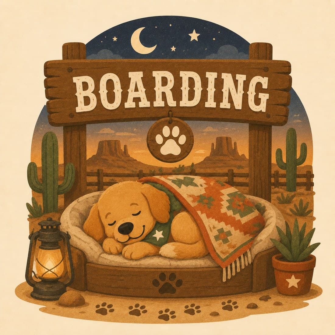 A puppy napping under a cozy blanket beneath a “Boarding” sign, lantern glowing at dusk