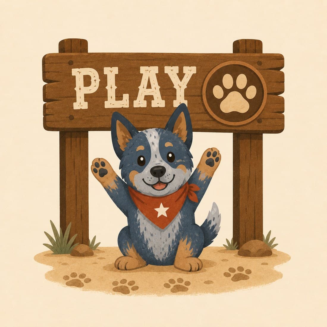 A cartoon blue heeler with both paws raised in play beneath a wooden “Play” sign