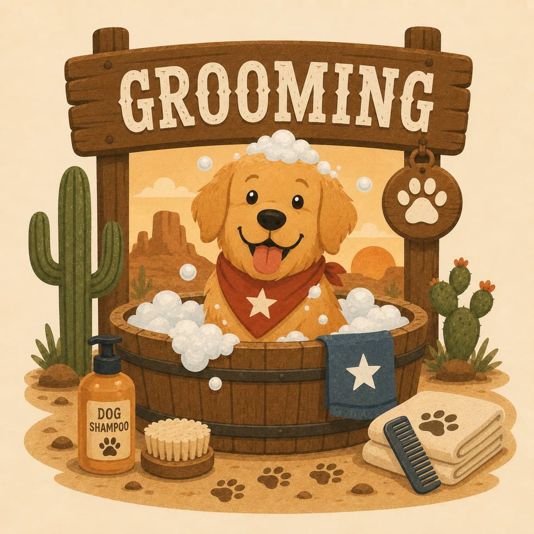 A golden retriever sitting in a sudsy wooden wash tub beneath a “Grooming” sign