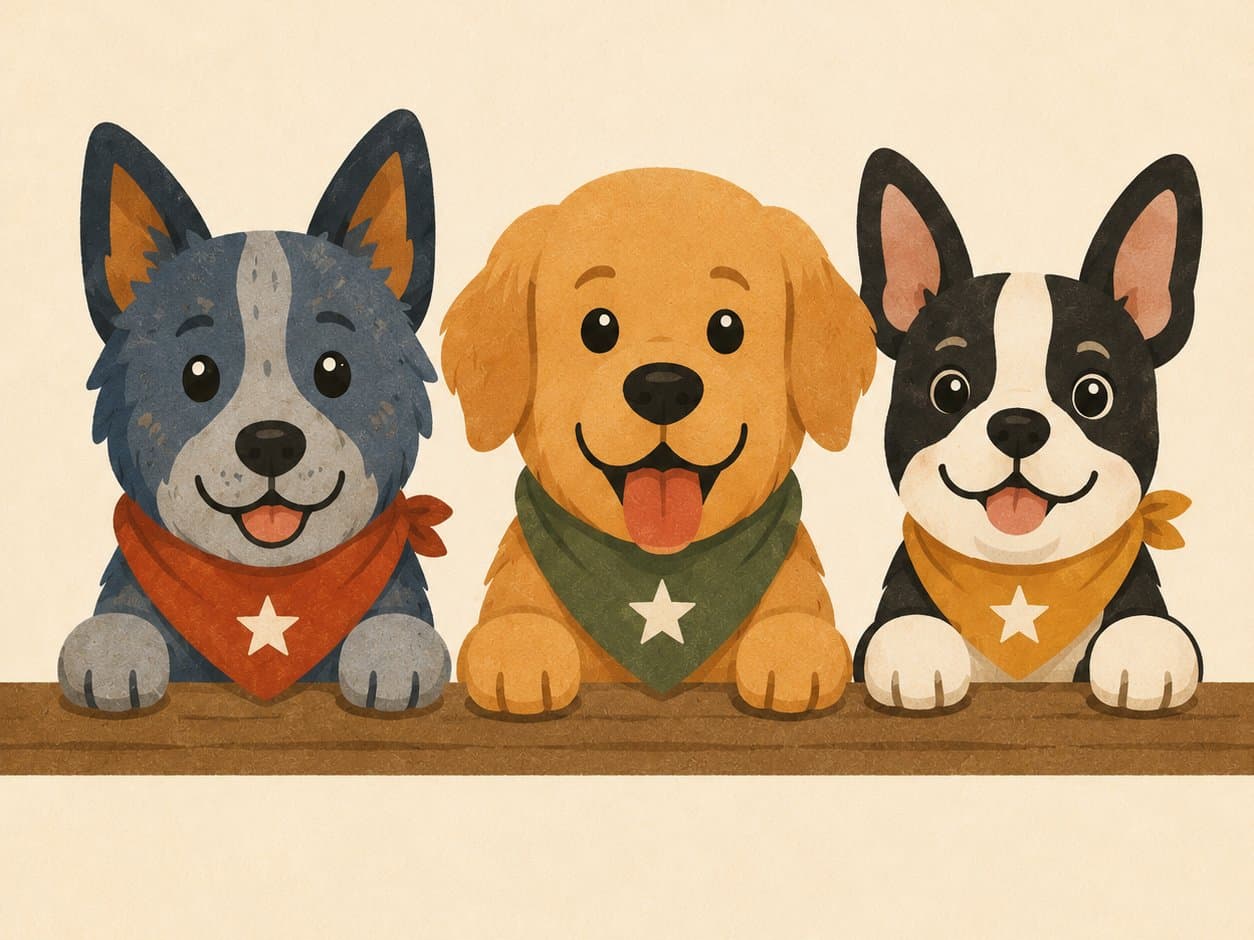 Three cartoon ranch dogs in star bandanas peeking over a wooden rail